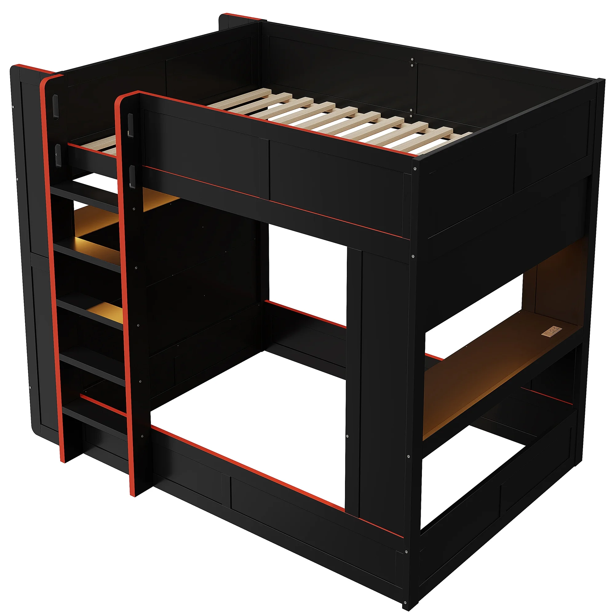 Wood Full Size Loft Bed with Desk and Shelves, Gaming Bunk Bed with LED Light and USB Charging, Black(Black) - Image 10