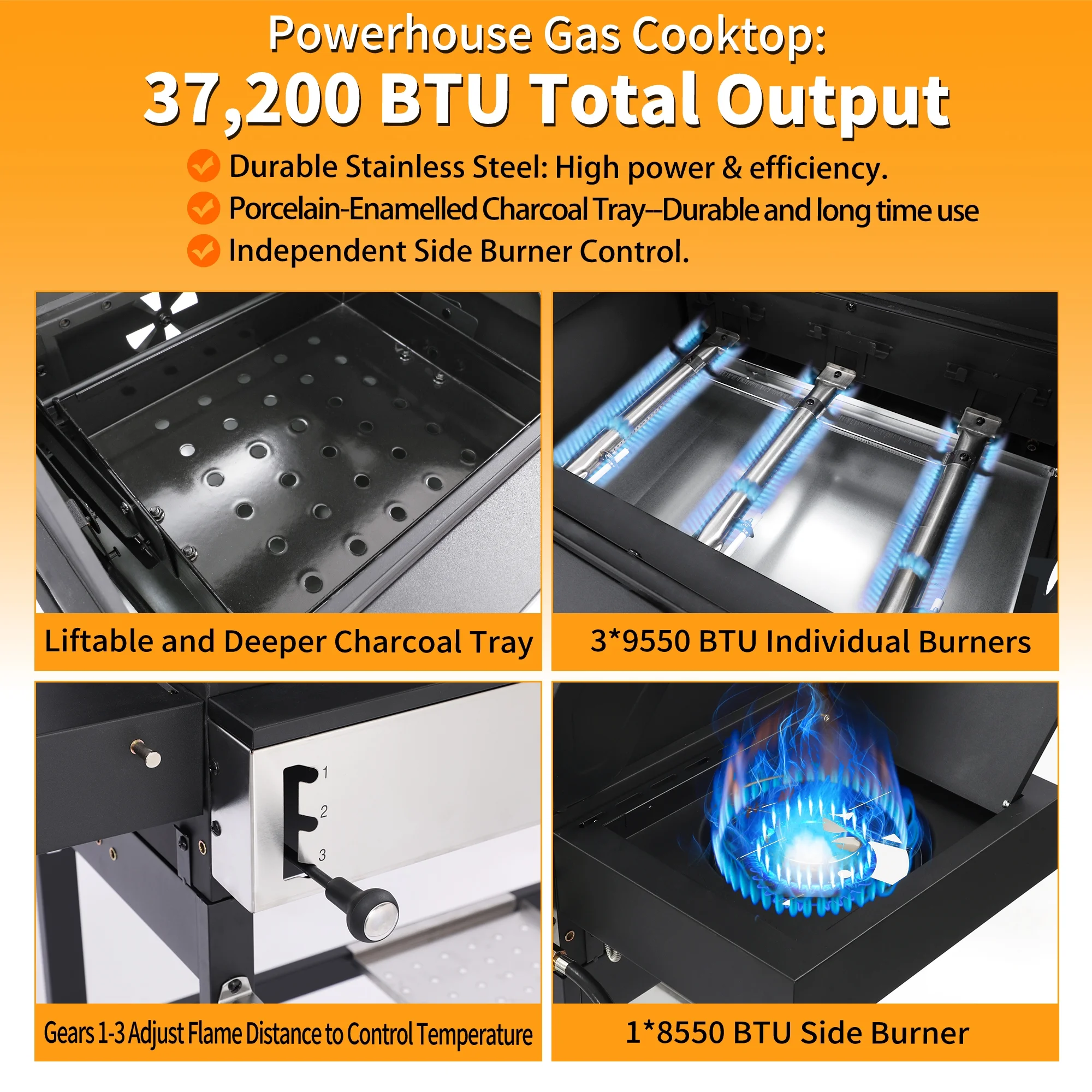 3 Burner Gas & Charcoal Combo Grill with Side Burner, Outdoor BBQ Propane Grill, 673 Sq. In. Cast Iron Grates & Reversible Griddle, 37200 BTU Stainless Steel Lid for Backyard Cooking