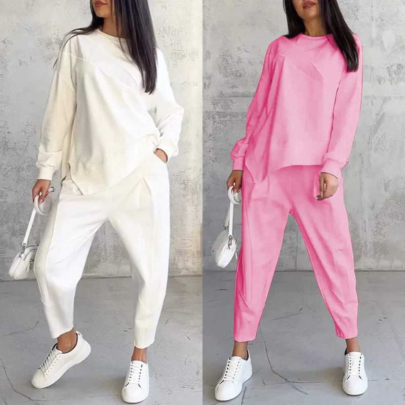 💕Conjunto de sudadera de manga larga con bajo irregular y pantalones para mujer
