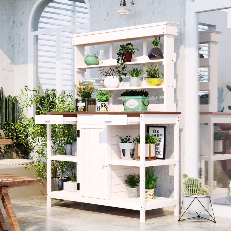Xcnengy Outdoor Farmhouse Potting Bench, Solid Wood Garden Workstation with 2 Drawers, Cabinet, 4-Tier Open Shelves, Heavy Duty Planting Table, Spacious Workspace for Backyard, Mudroom, White
