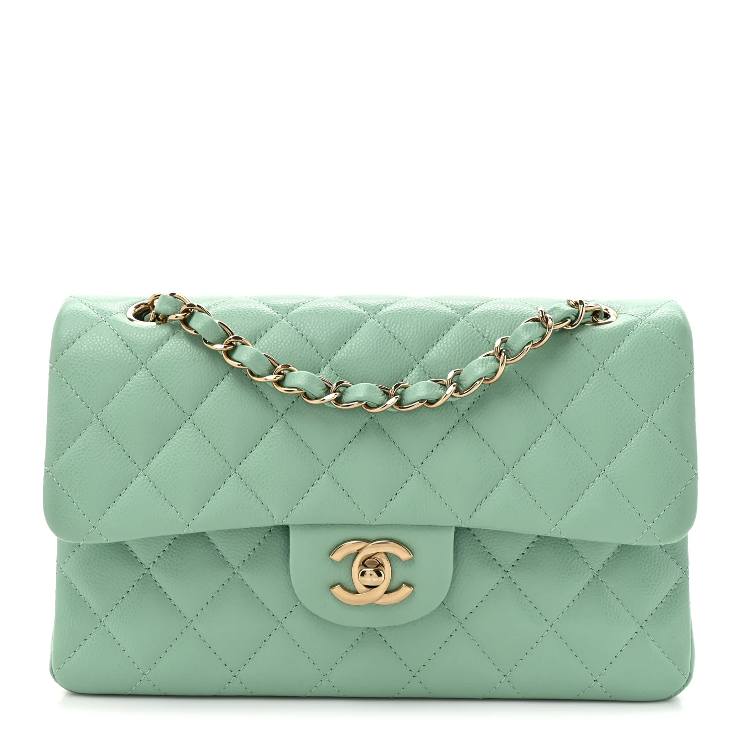Caviar Quilted Small Double Flap Light Green