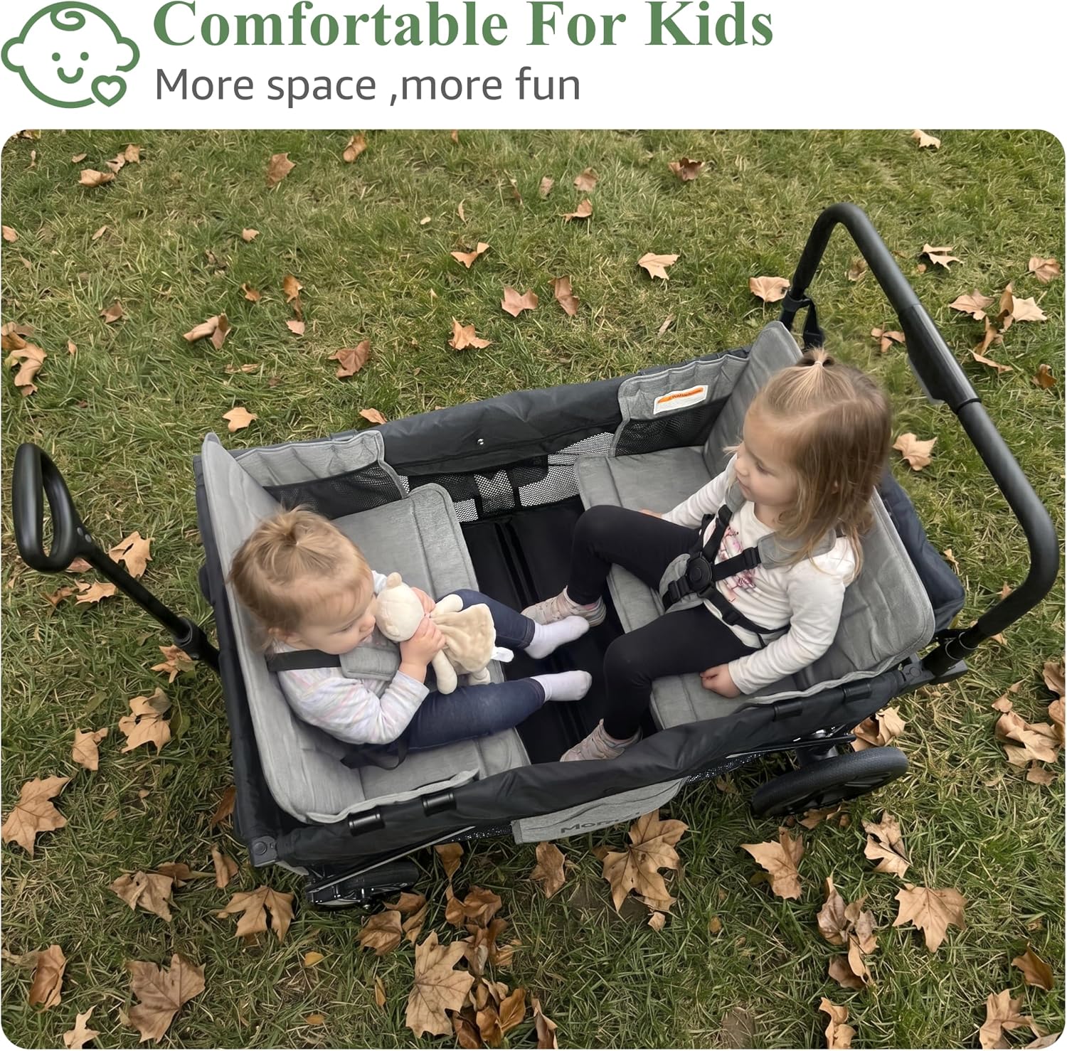 Wagon Stroller for 2 Kids, Collapsible Wagon Stroller with Removable Canopy, Foldable Stroller Wagon with 2 Seats and Storage Pocket for Baby Toddlers Black