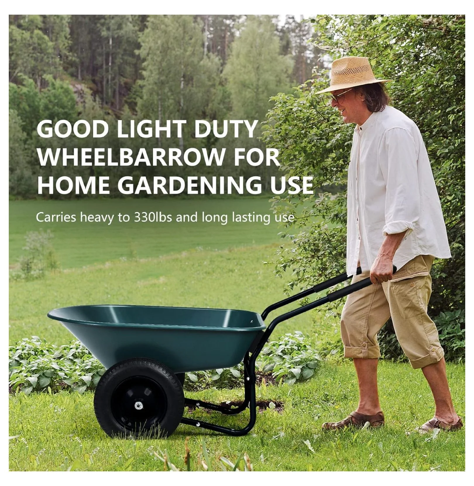 2 Tire Wheelbarrow Dump Cart - Heavy Duty 330 lb Garden Utility Cart - Pneumatic Tire Yard Wheelbarrow for Soil, Bricks, Construction - Green