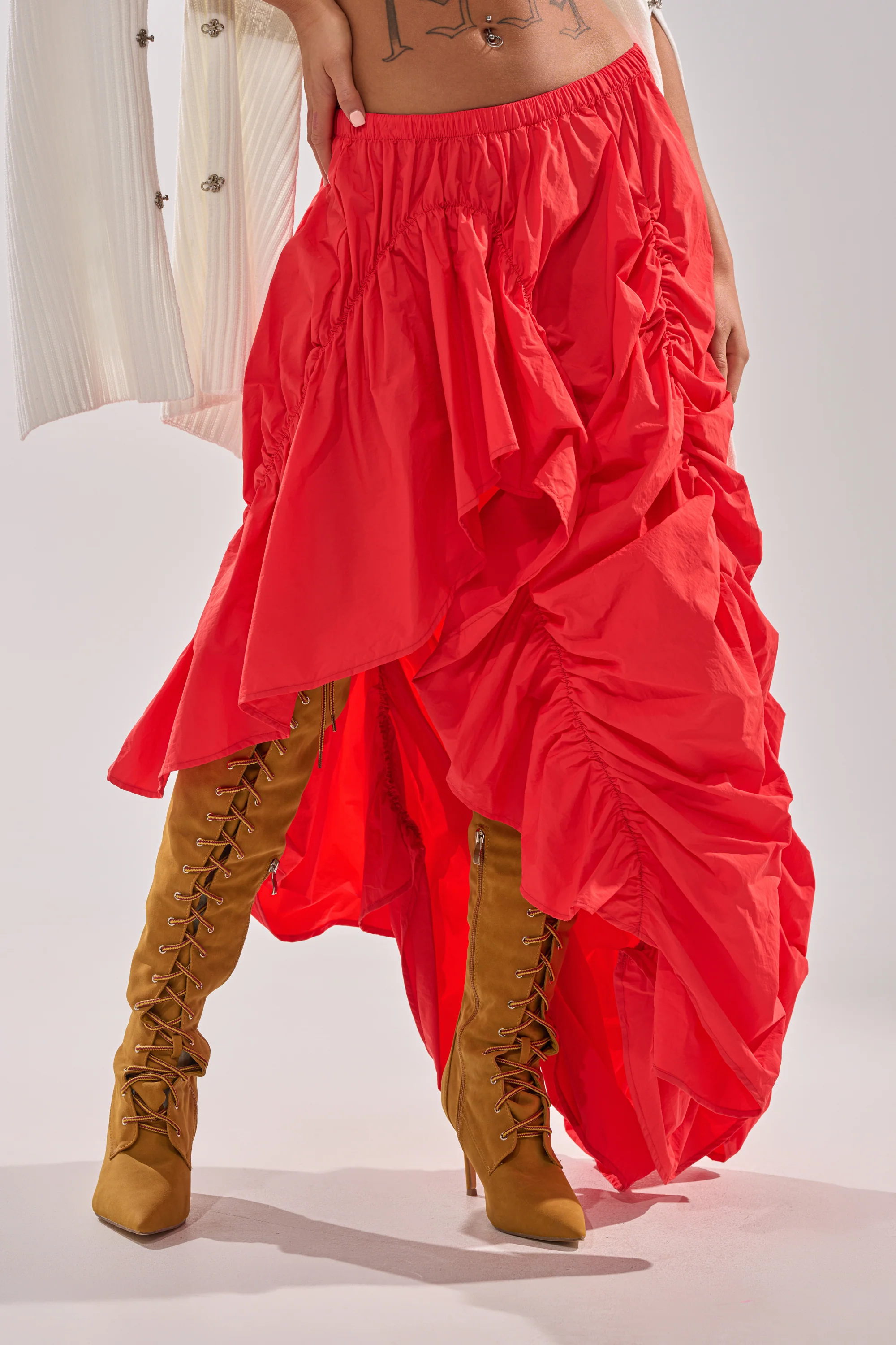 LETS CHANGE IT UP RUCHED MIDI SKIRT IN RED - Akira Store