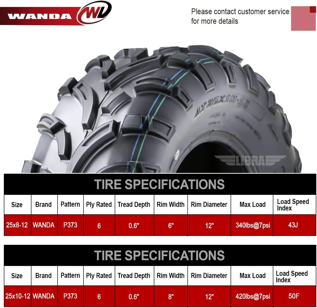 Wanda ATV/UTV Tires 25x8 - 12 Front & 25x10 - 12 Rear /6PR P373, Set 4