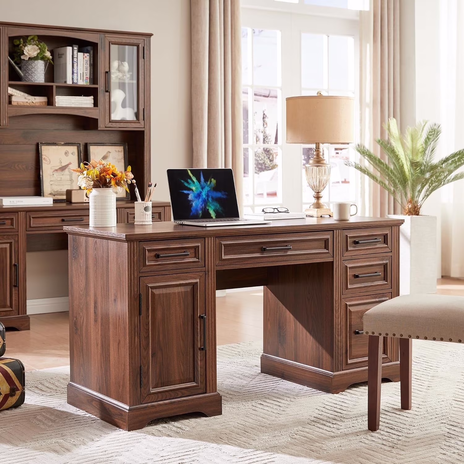 Farmhouse Wood 58" Executive Desk, Home Office 30" High Computer Desk with Drawers and Storage Cabinet, White(White) - Image 9