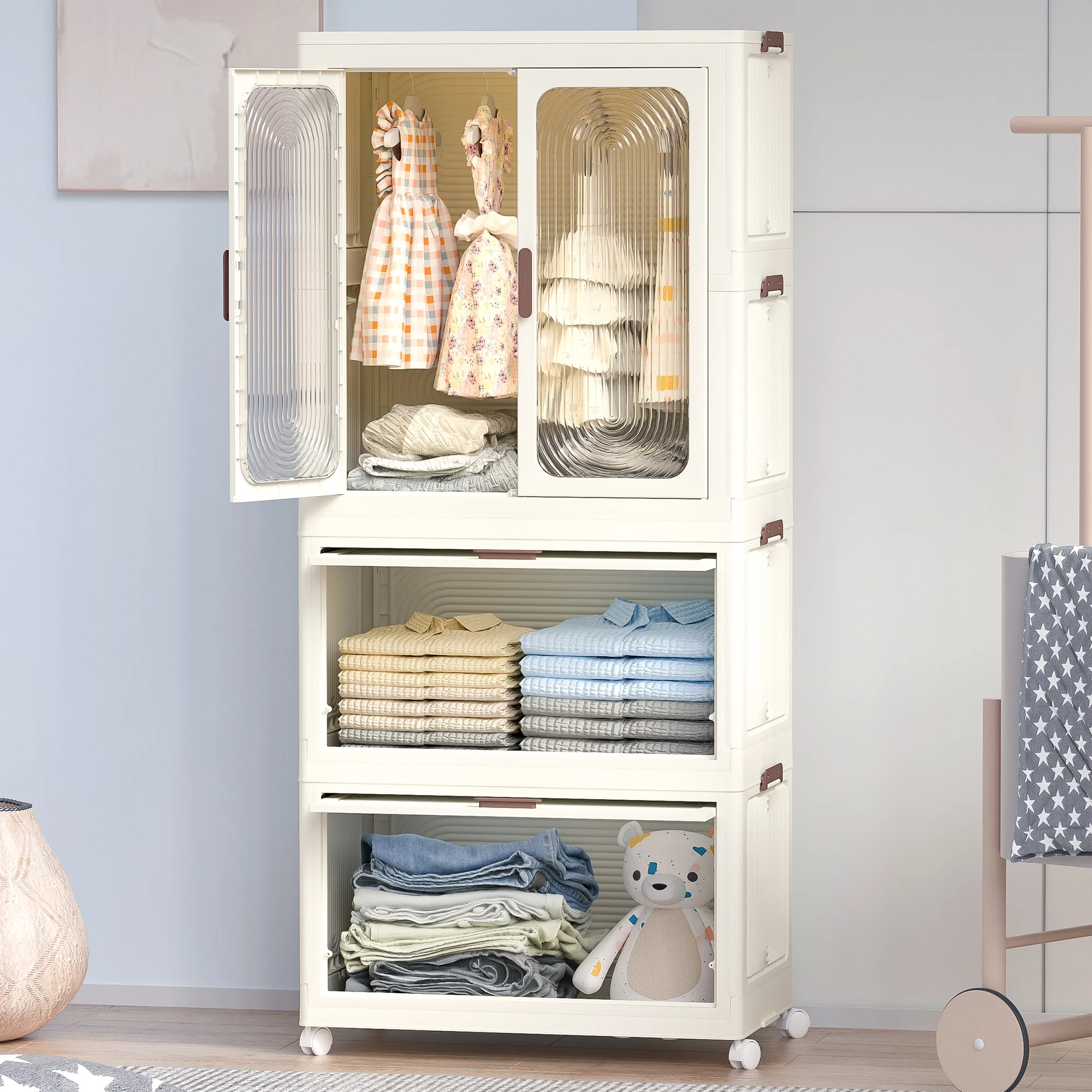Kids Portable Wardrobe w/ Magnetic Doors Hanging Rod 4-Cube Plastic Storage Cabinet,Nursery/Bedroom(4 Cubes) - Image 4