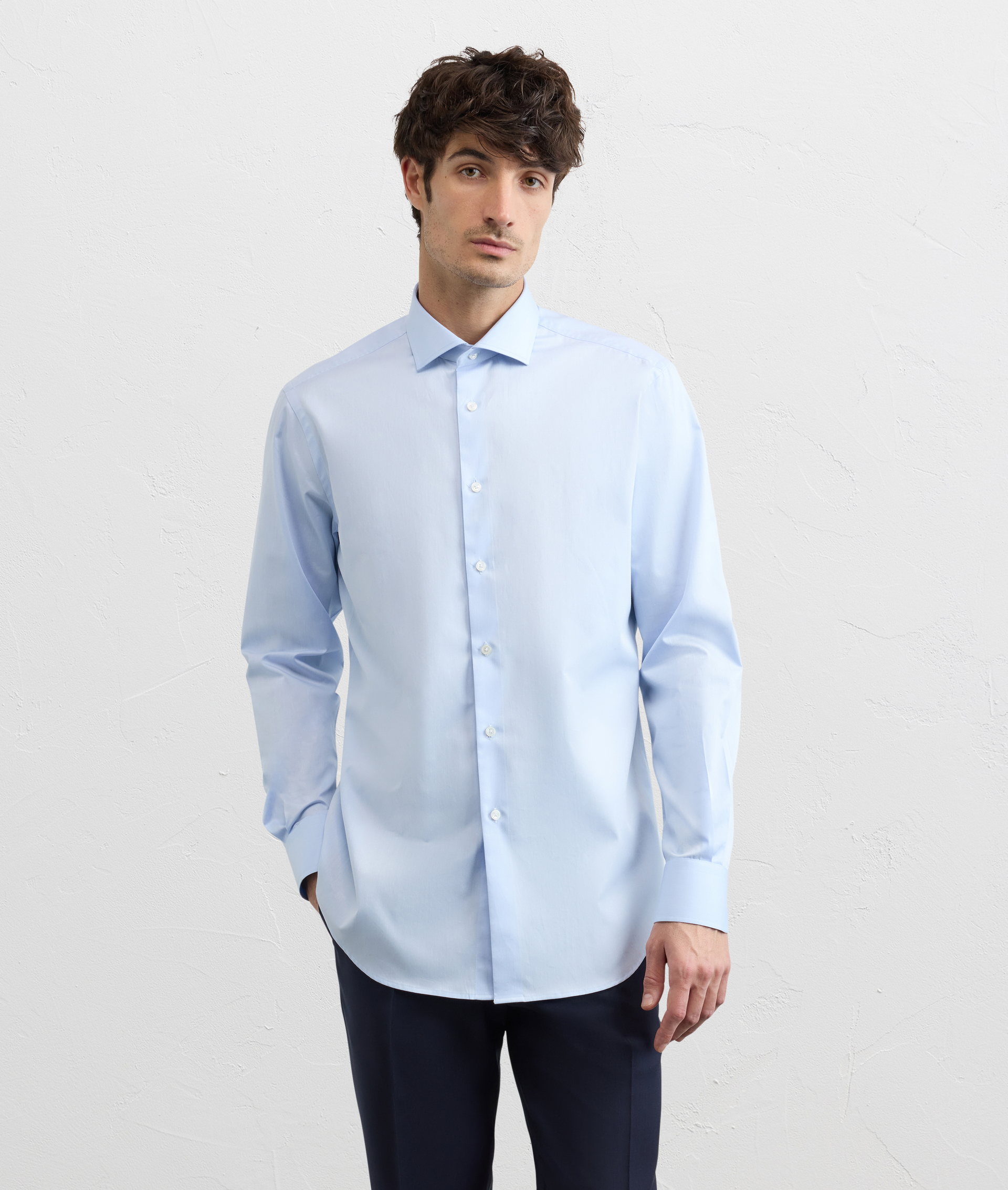 LIGHT BLUE COTTON TWILL SHIRT WITH SMALL TORINO COLLAR AND STANDARD CUFF
