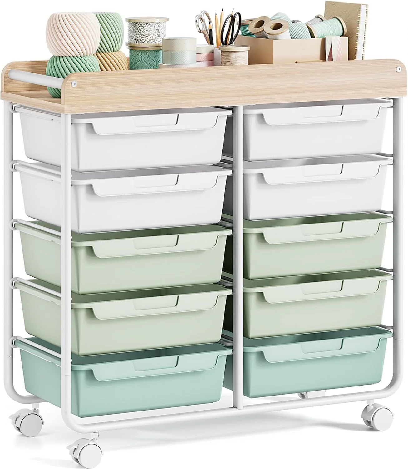 Rolling Storage Cart with 10 Large Drawers & Wooden Top, Utility Organizer Cart on Wheels for Crafts, Art Supplies, Home Office & Classroom
