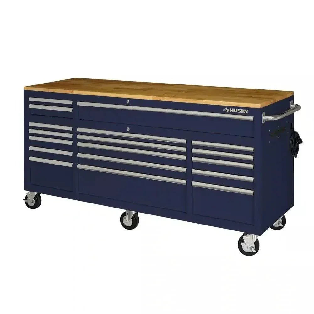 Établi mobile Husky 72 po à 18 tiroirs avec plateau en bois massif, finition bleu brillant