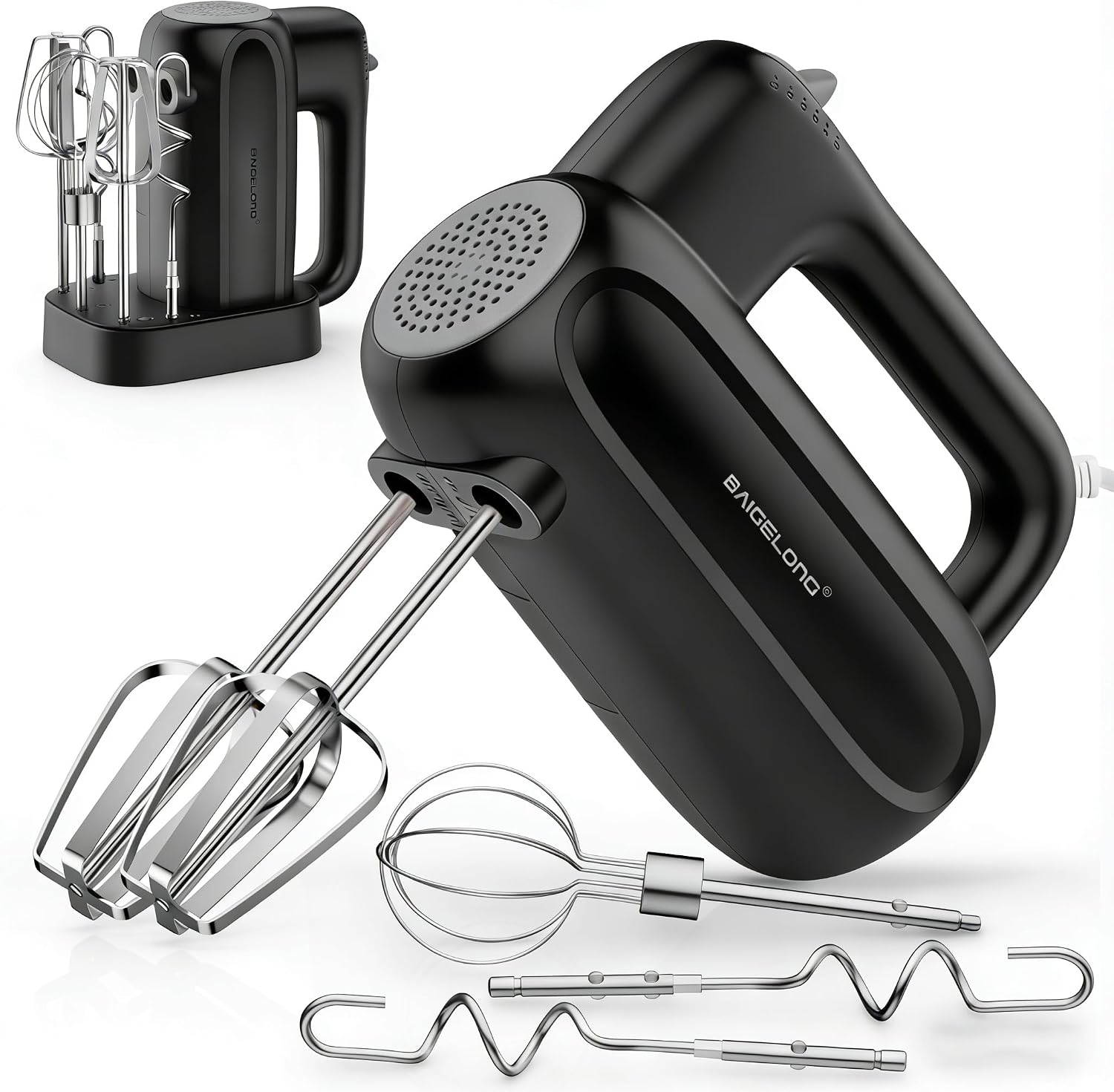BAIGELONG Hand Electric Mixer, 5-Speed KitchenMixer with 5 * 304 Stainless Steel Attachments + Storage Base, 200W Portable Food Handheld Mixer for Baking, Whipping Cream, Cake Mixing, Gray/Black