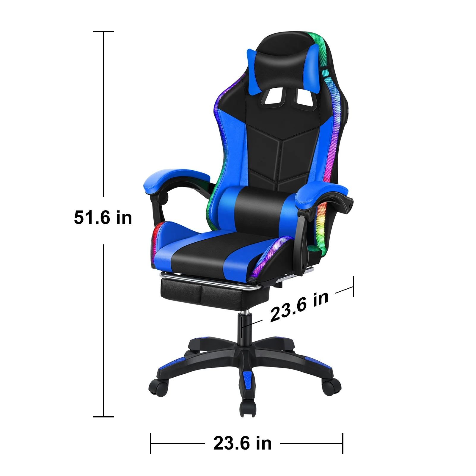 Gaming Chair with Bluetooth Speakers and RGB LED Lights Ergonomic Massage Video Game Chair with Footrest High Back with Lumbar Support(Black Blue) - Image 8