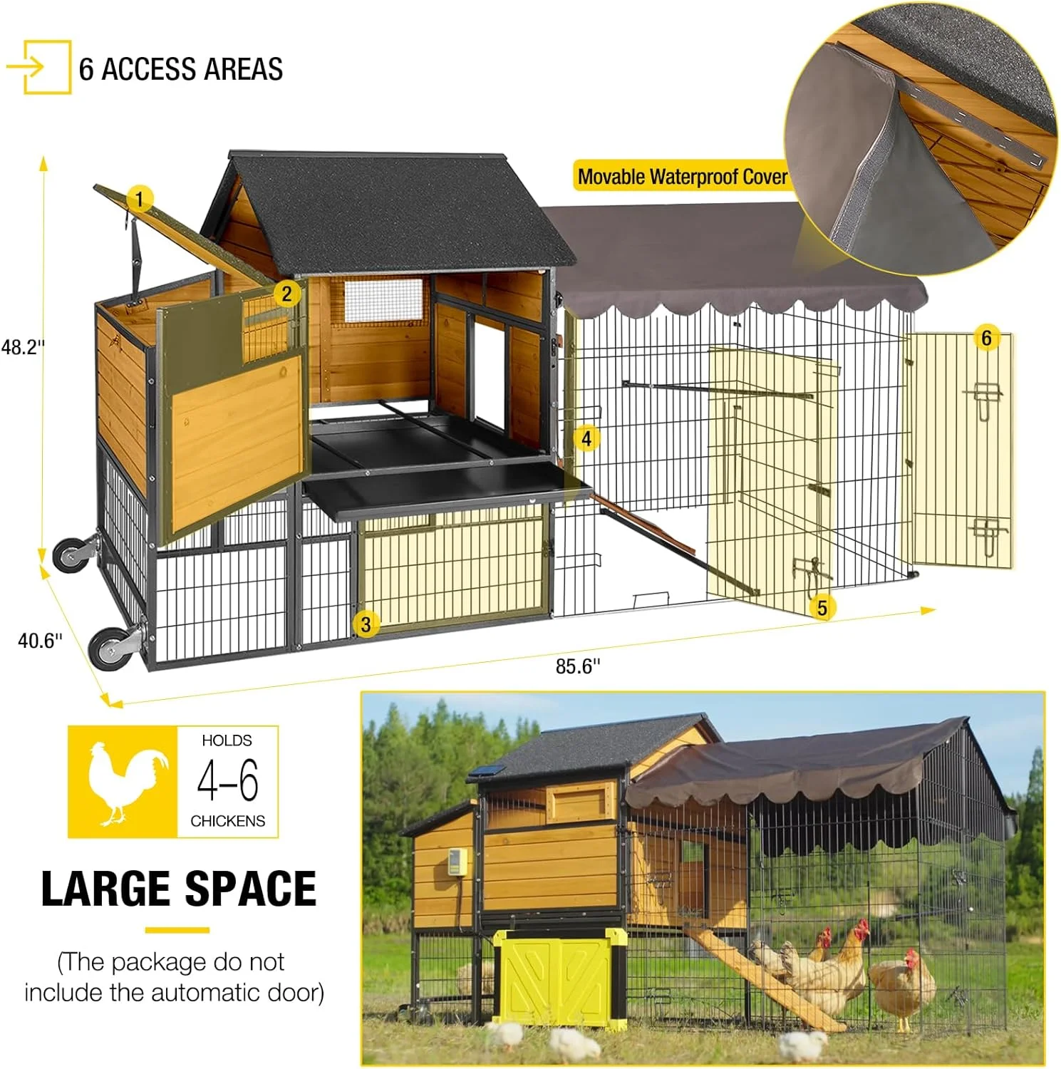 Mobile Chicken Coop 85" with Nesting Box Metal Run and Weather Proof Cover for 6-8 Outdoor Backyard Farm Rabbit Duck Poultry - Image 8