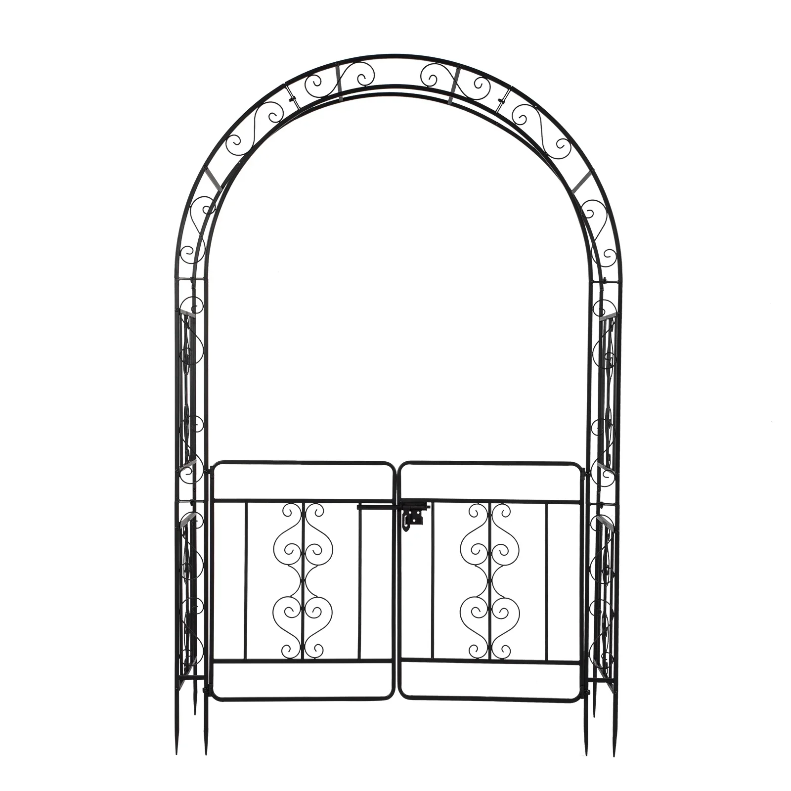 GZXS 7FT Garden Arch Arbor with Entry Door, Heavy Duty Metal Arbour Archway, Decorative Frame Stand Trellis with Ground Stakes for Wedding Ceremony Party Plant Climbing Rose Vines Lawn