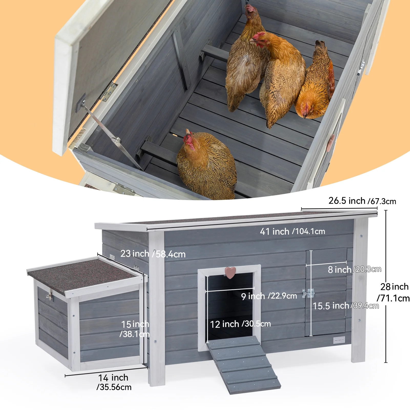 Large Chicken Coop with Upgraded Perches, Weatherproof Hen House with Two Large Nesting Box,Poultry Cage,3-5 chicken, Grey(Gray) - Image 5