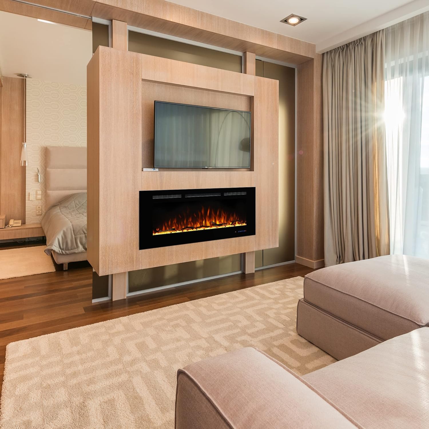Electric Fireplace 50inches, Wall-Mounted & Recessed Fireplace Inserts, Multicolor Flame w/5 Dimmer, Remote Control Thermostat, Timer, Overheating Protection, Hardwire Connect, 1500W,Black