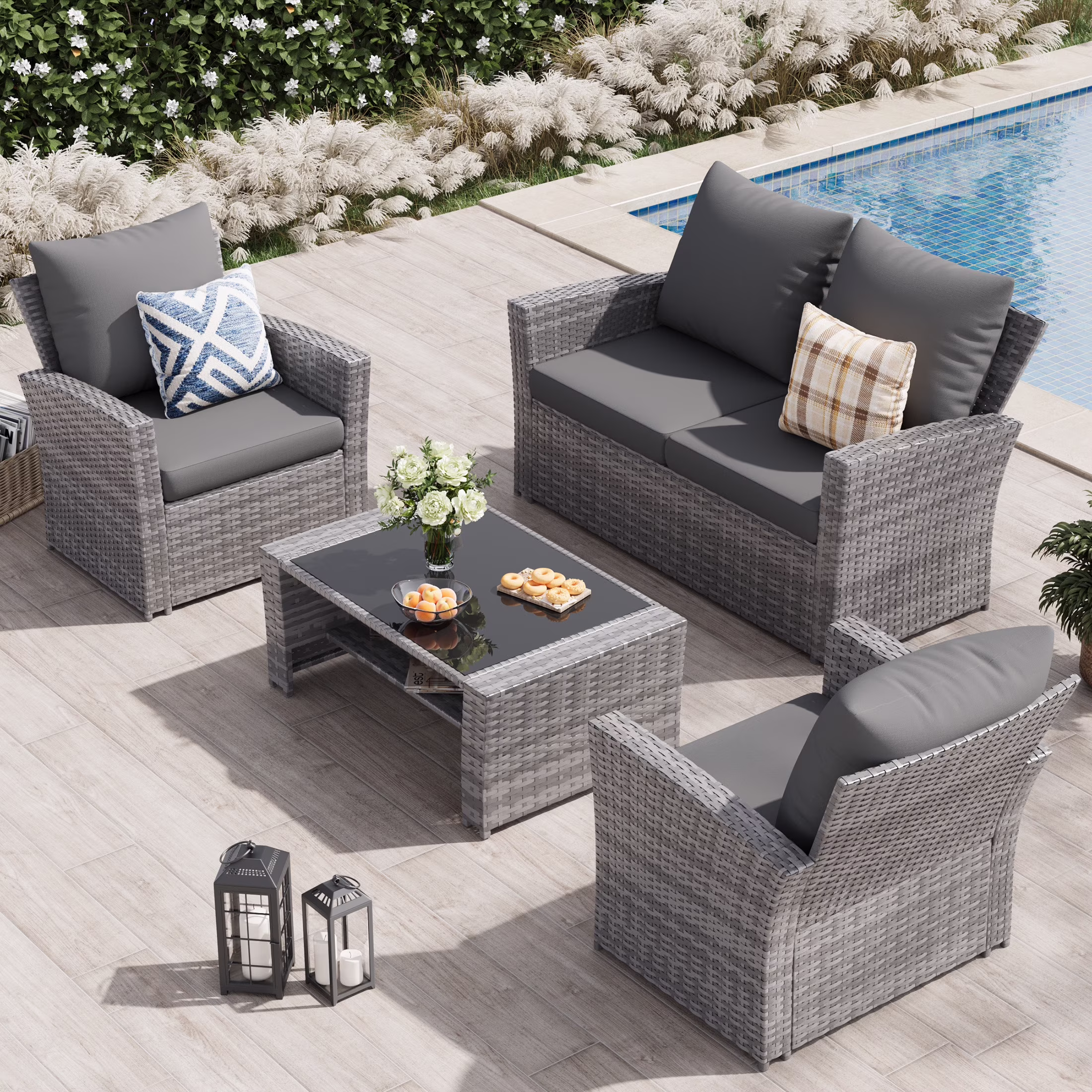 Wicker Patio Furniture Set, 4 Piece Outdoor Sectional Conversation Sets, Gray PE Rattan Patio Sofa Set for Balcony, Porch, Backyard, Grey(Gray)