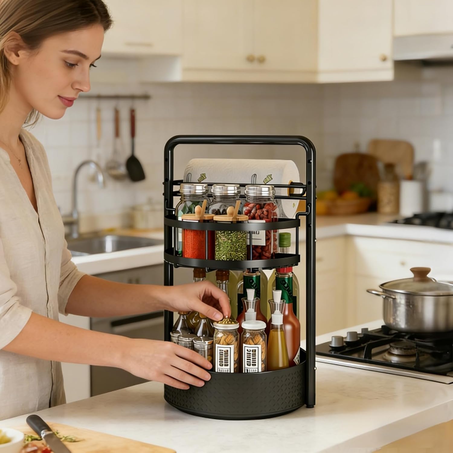 Rotating Spice Rack with Paper Towel Holder, Black