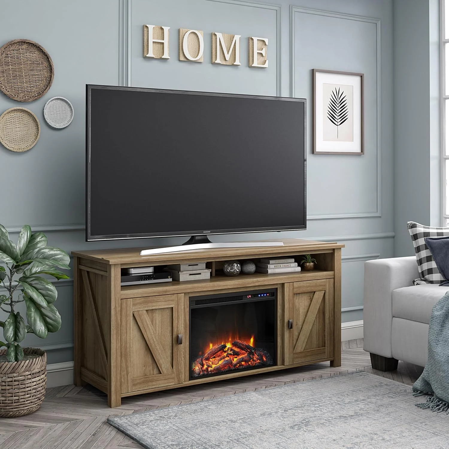 Dejia Home Farmington Electric Fireplace TV Stand, suitable for TVs with a screen size of no more than 60 inches, made of ivory oak color.