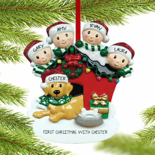 Family With Dog In Doghouse Personalized Xmas Ornament - 3, 4, 5 Figure Family Members