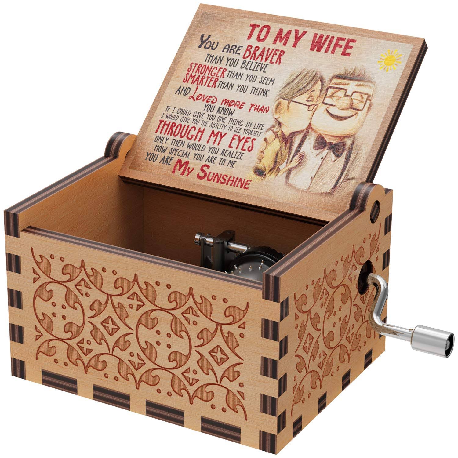 You Are My Sunshine Wood Music Boxes,Laser Engraved Vintage Wooden Sunshine Musical Box Gifts for Birthday/Christmas/Valentine's Day (To My Wife)