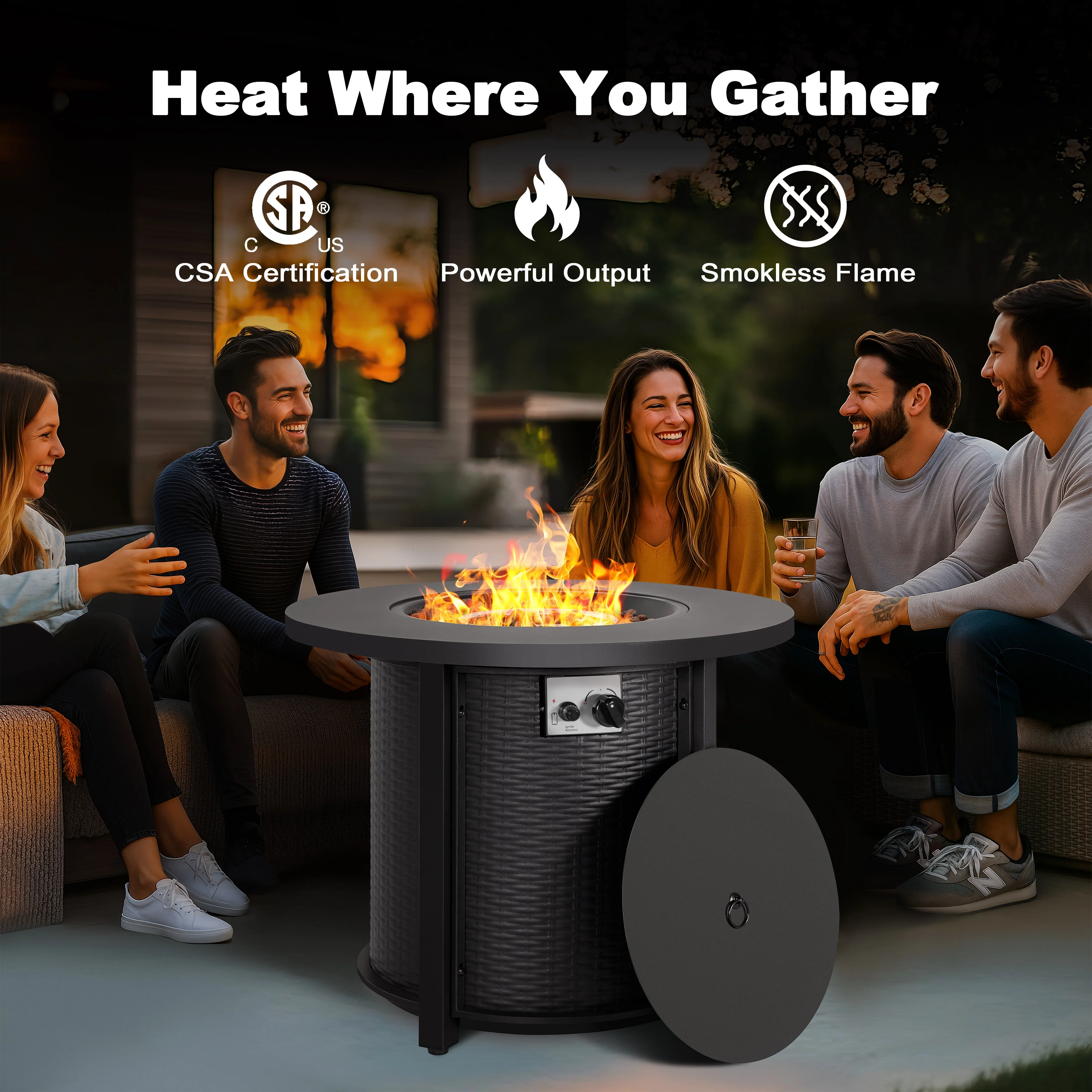 Outdoor Metal 30'' Round Propane Fire Pit Table with Rattan Embossed Pattern, CSA-Certified 2 in 1 Round Gas Fire Pit Table with Lid Lava Rocks, Patio Round Gas Fire Pit, Black - Image 5