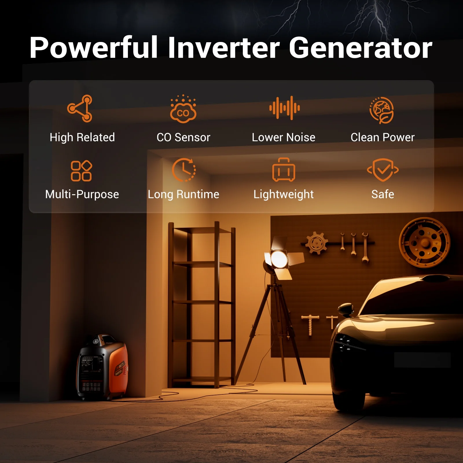2500-Watt Portable Inverter Generator Gas Powered, EPA Compliant, Parallel Capability, CO Shutdown, Low Noise for Camping and Home Use(Black and Orange) - Image 4