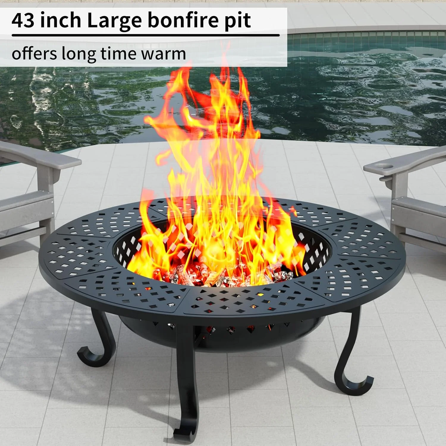 43 Inch Fire Pit with 2 Grill, Outdoor Wood Burning Firepit with Lid, Metal Round Table for Backyard Patio Garden Picnic Camping Bonfire - Image 6