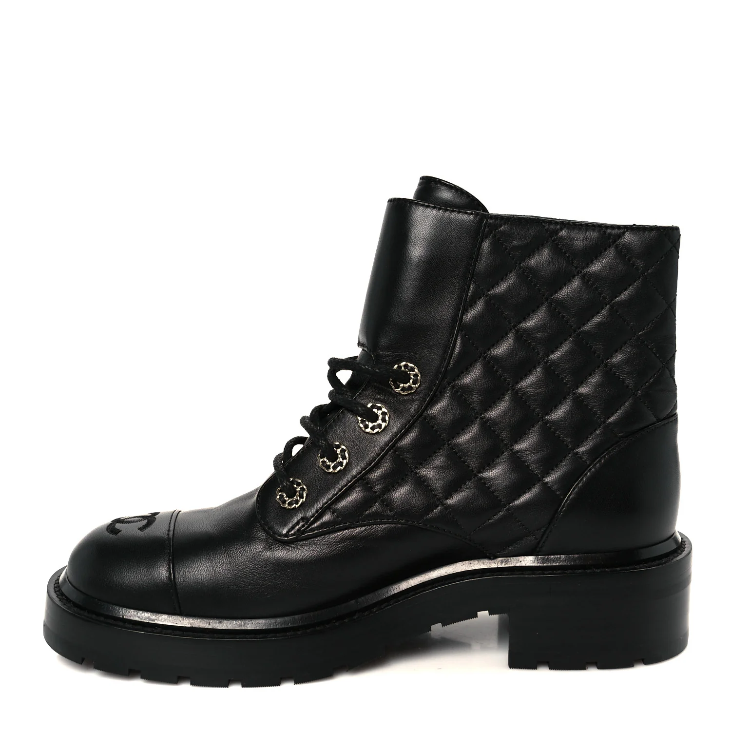 Shiny Lambskin Quilted Lace Up Combat Boots 39 Black