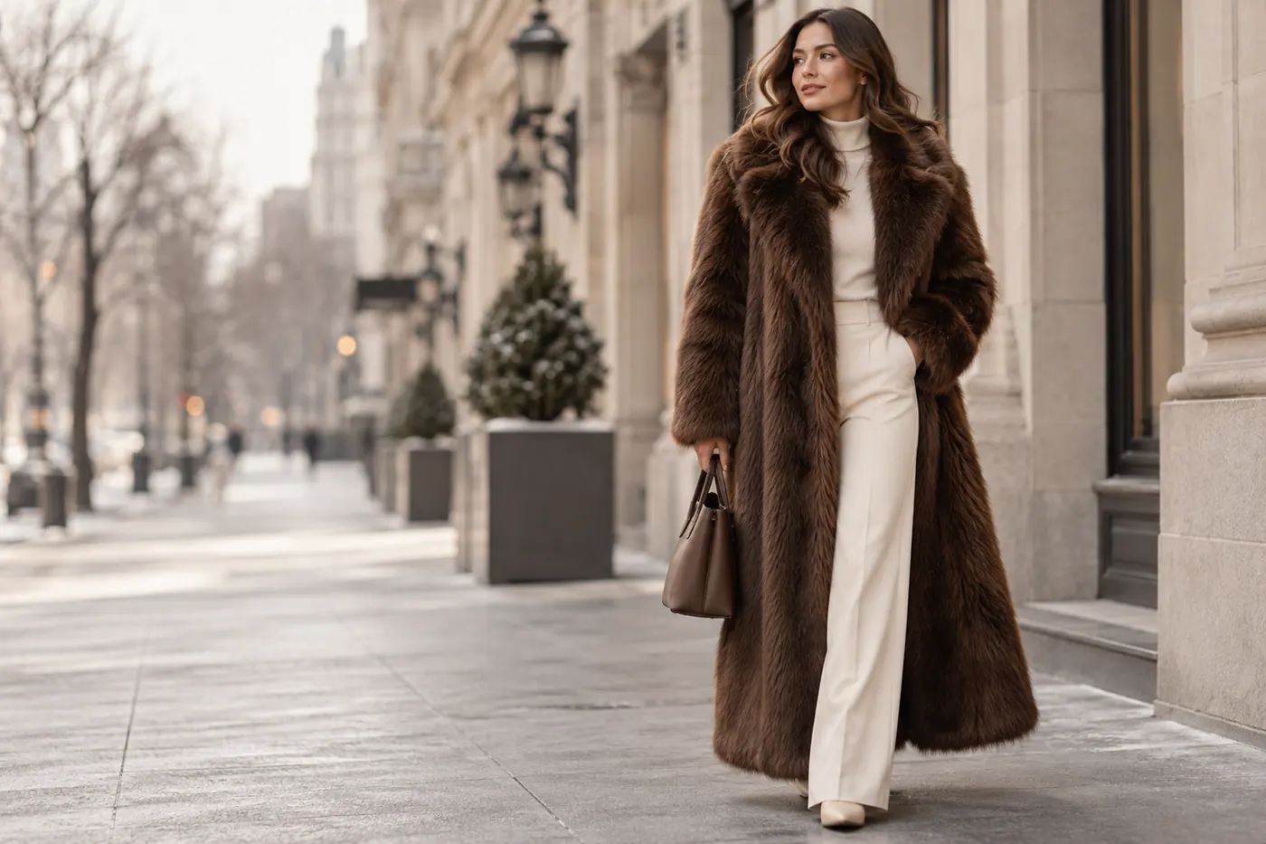 Woman wearing a long chocolate brown faux fur coat on a winter city street