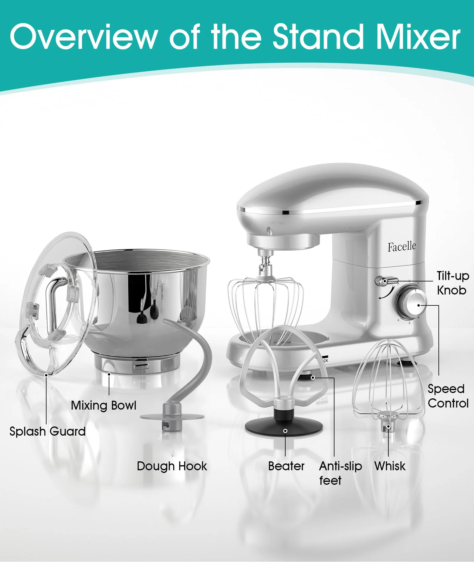 Facelle Electric Stand Mixer. 660W 6 Speed Kitchen Mixer