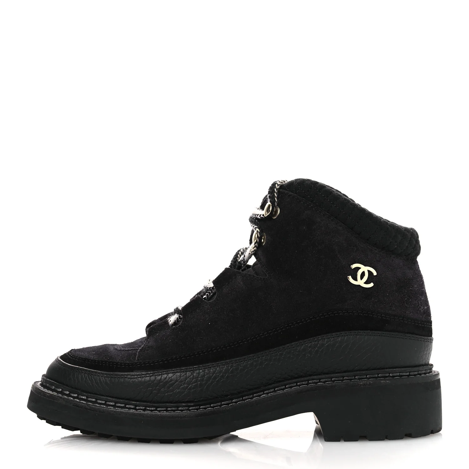 Suede Grained Calfskin CC Lace Up Boots 38 Black