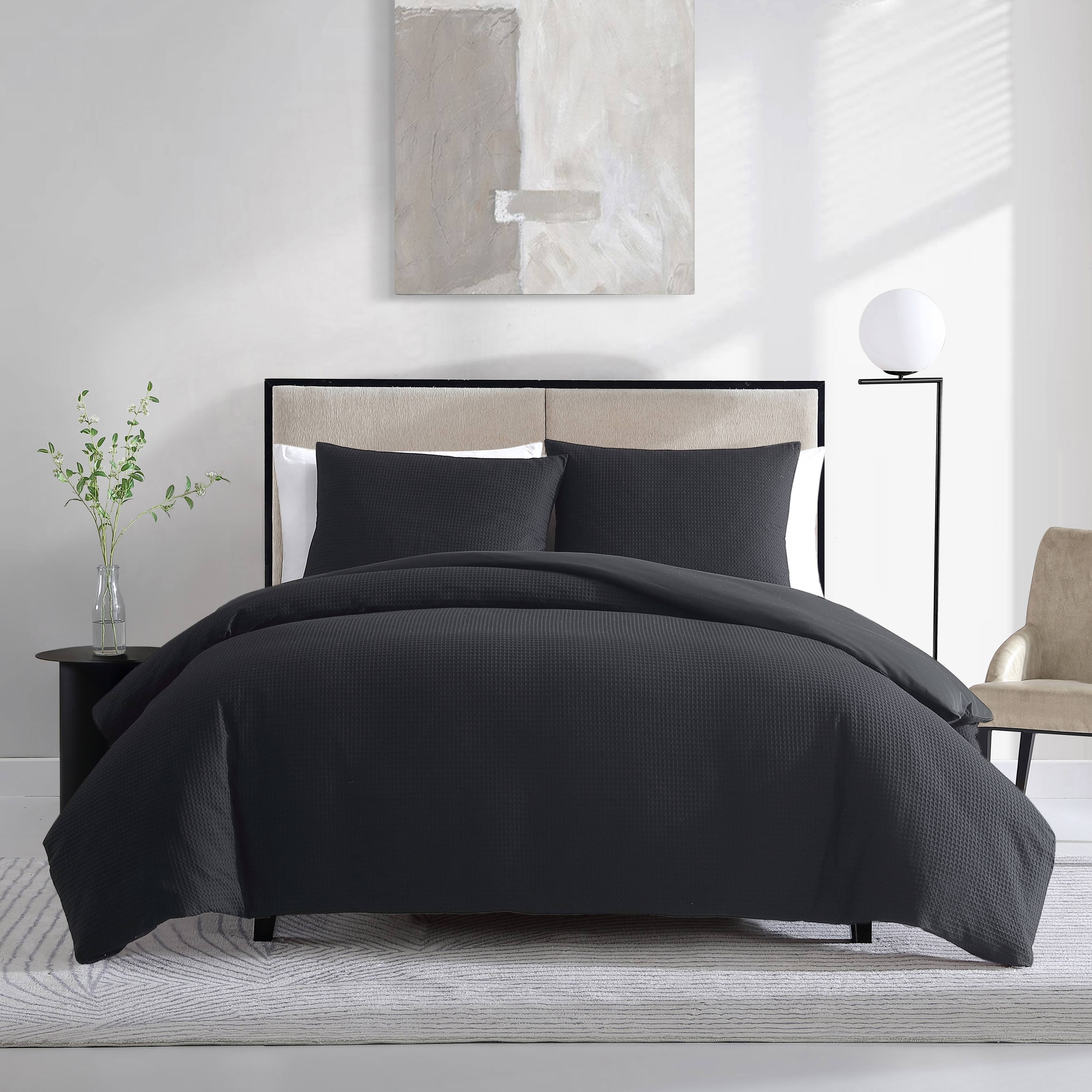 Vera Wang Waffle Pique Cotton 3 Piece Duvet Cover Set, Queen - Black