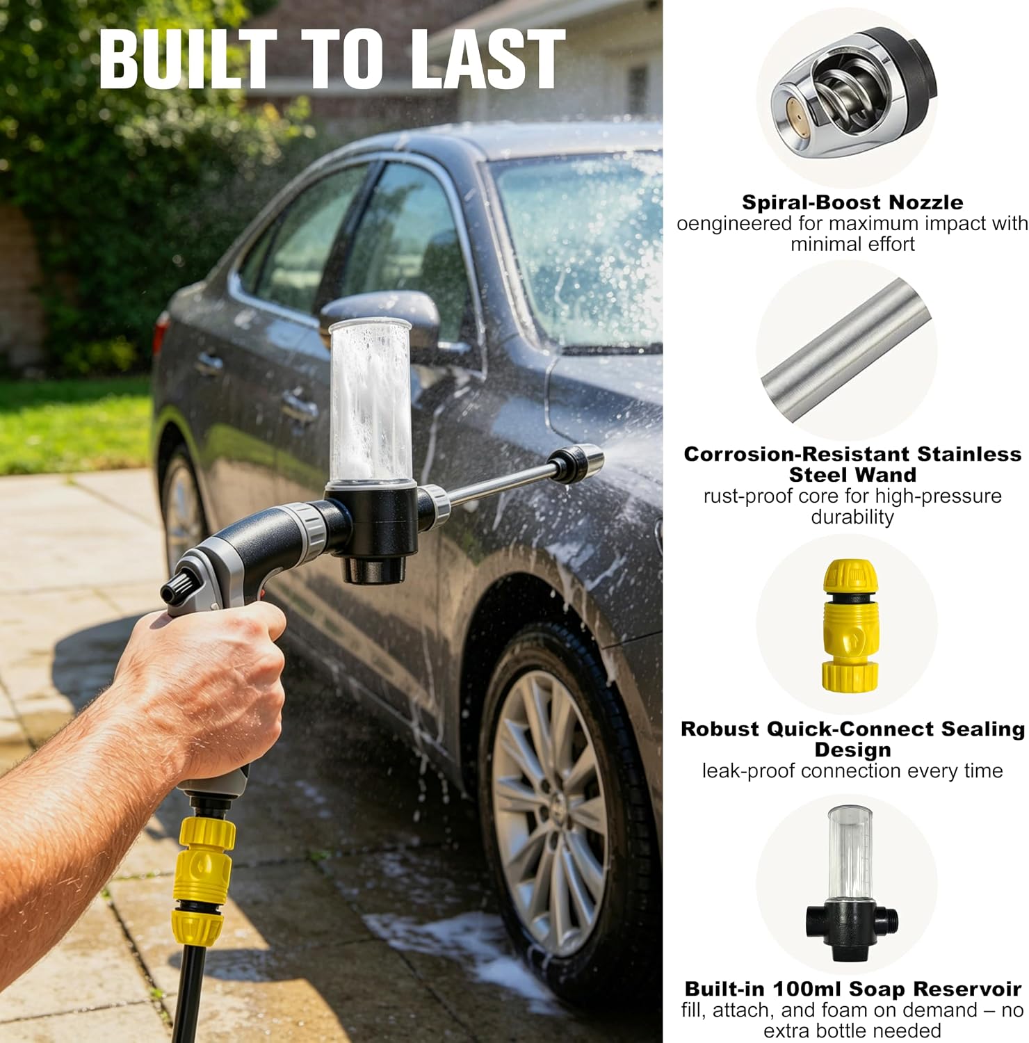 High Pressure Hose Nozzle Pressure Washer Hose Attachment – Turn Any Hose into a High Pressure Jet with 3 Linear/Columnar/Fan Nozzles for Car, Yard, Patio & Garden – Heavy Duty
