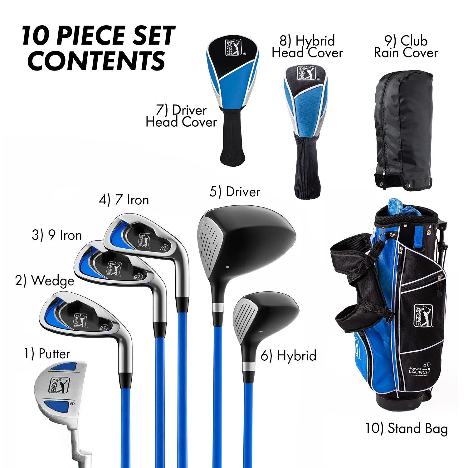 PGA Tour Right-Handed 10 Piece Kids Golf Club Stand Bag Set; Player Height 4'8 - 5'2, Ages 8-12