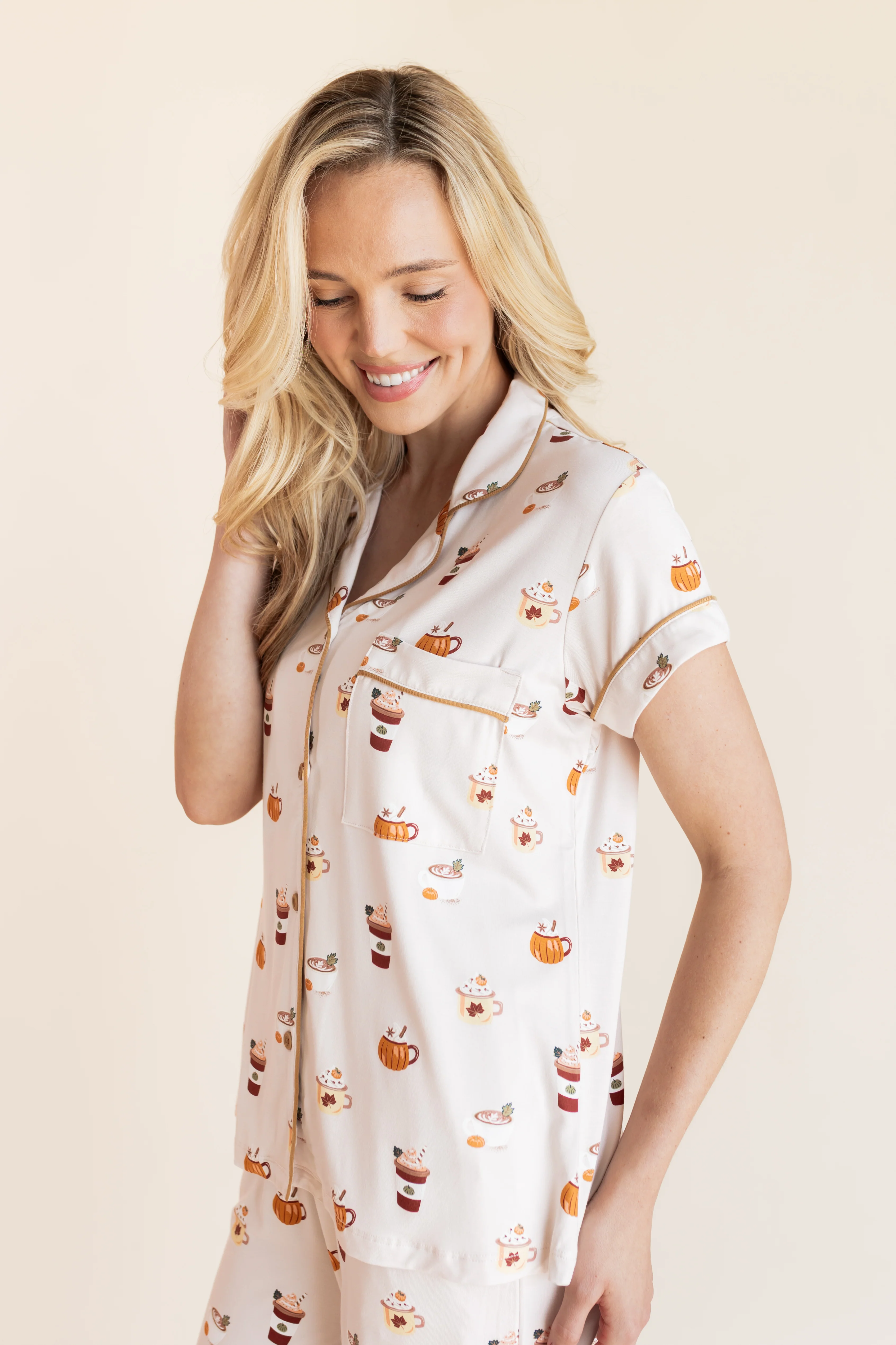 Women's Short Sleeve Cropped Pajama Set in Pumpkin Spice Latte