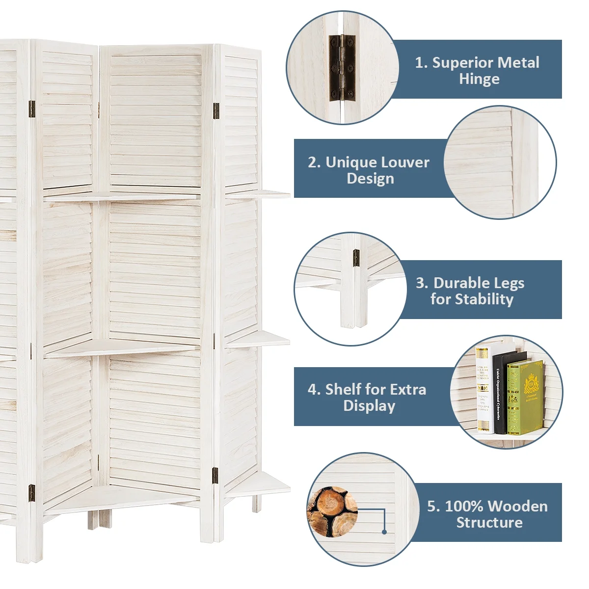 4 Panel Folding Room Divider Screen W/3 Display Shelves 5.6 Ft Tall(White) - Image 4