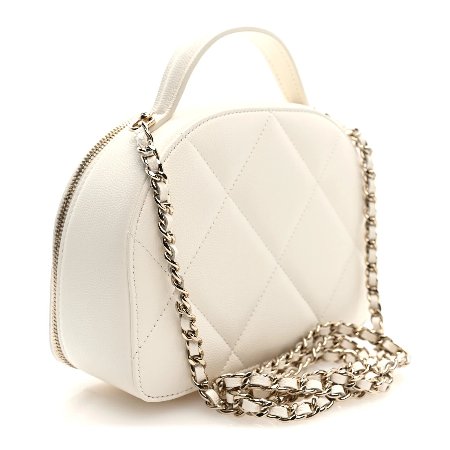 Grained Calfskin Quilted Top Handle Chain Clutch White