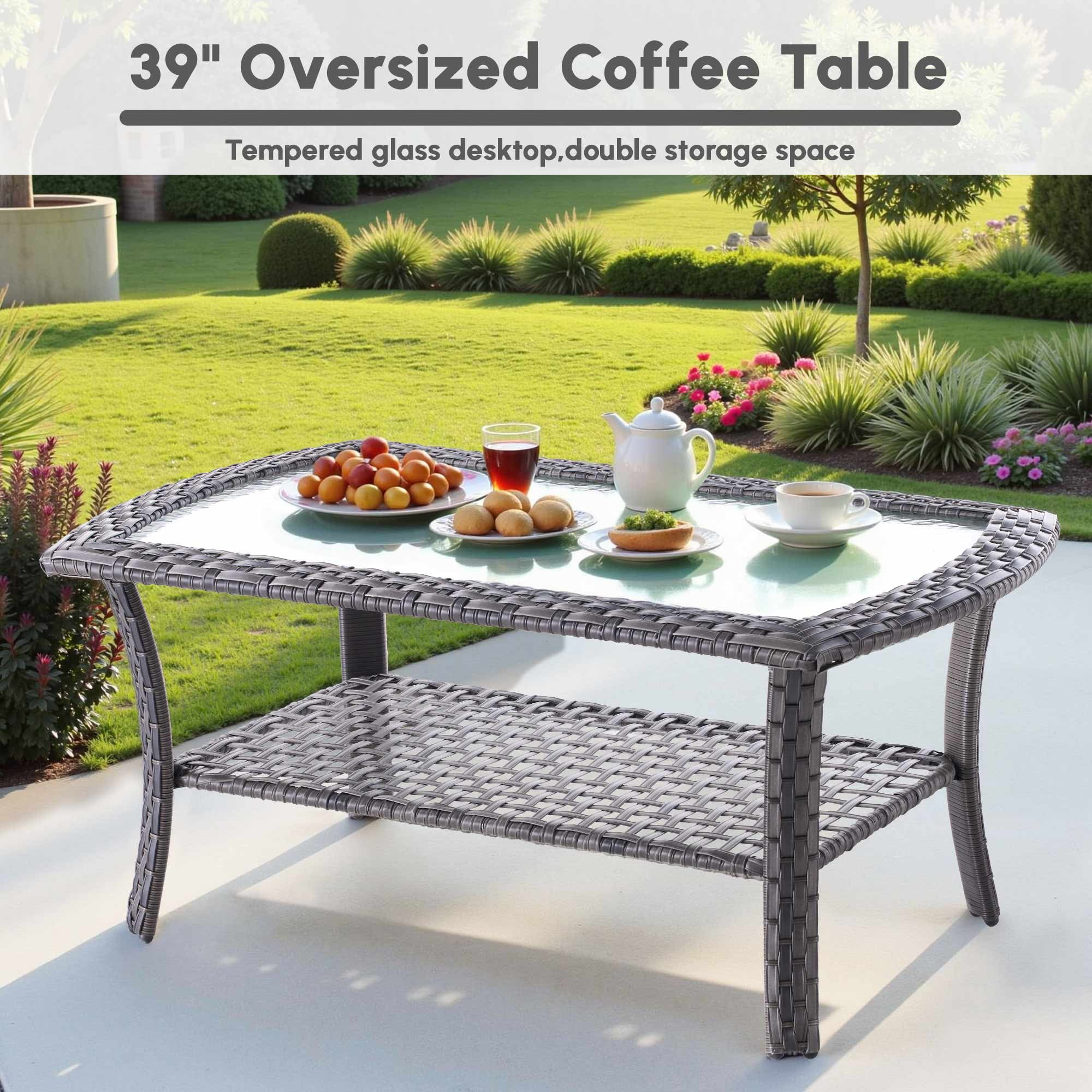 4 Pieces Wicker Outdoor Patio Furniture with Coffee Table High Back All Weather Rattan Outdoor Sectional Conversation Set for Backyard Porch Garden, Denim Blue(Denim Blue) - Image 10