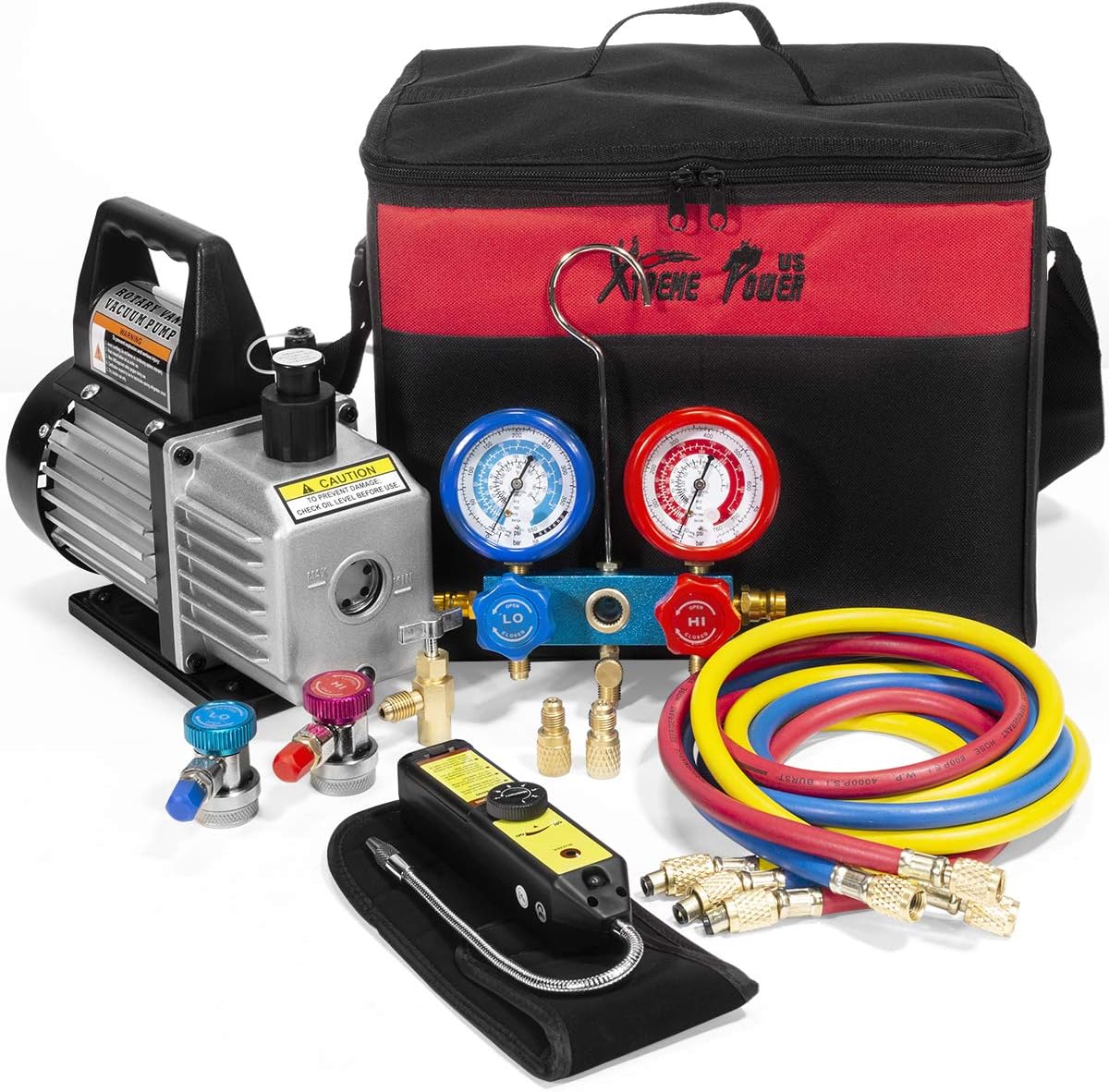 Kit de réfrigération pour climatisation avec pompe à vide d'air 4 CFM de qualité supérieure, manomètre, mallette de transport, robinet R134a avec détecteur de fuites et sac de transport inclus.