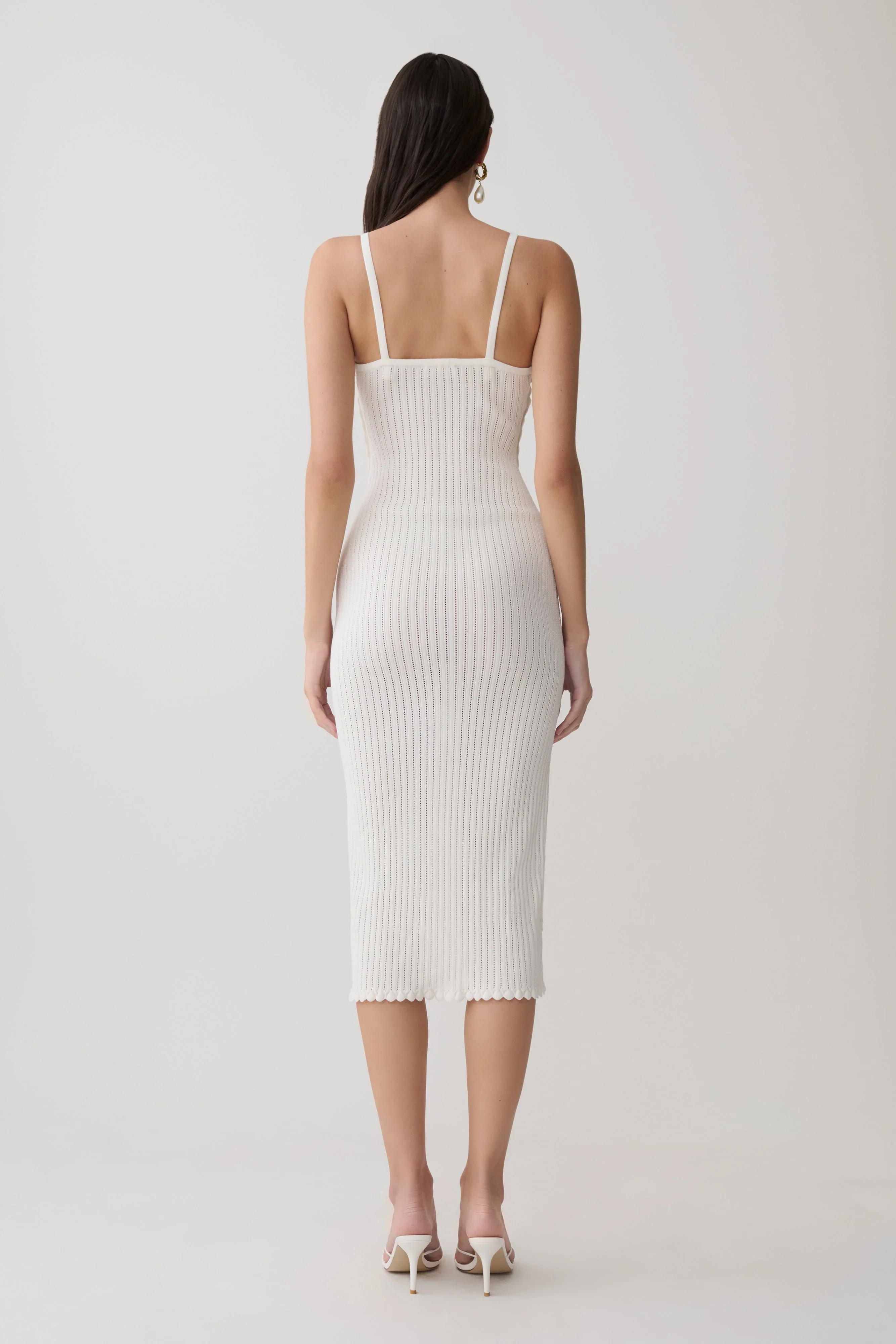 Cooper Scalloped Neckline Pointelle Midi Dress - White