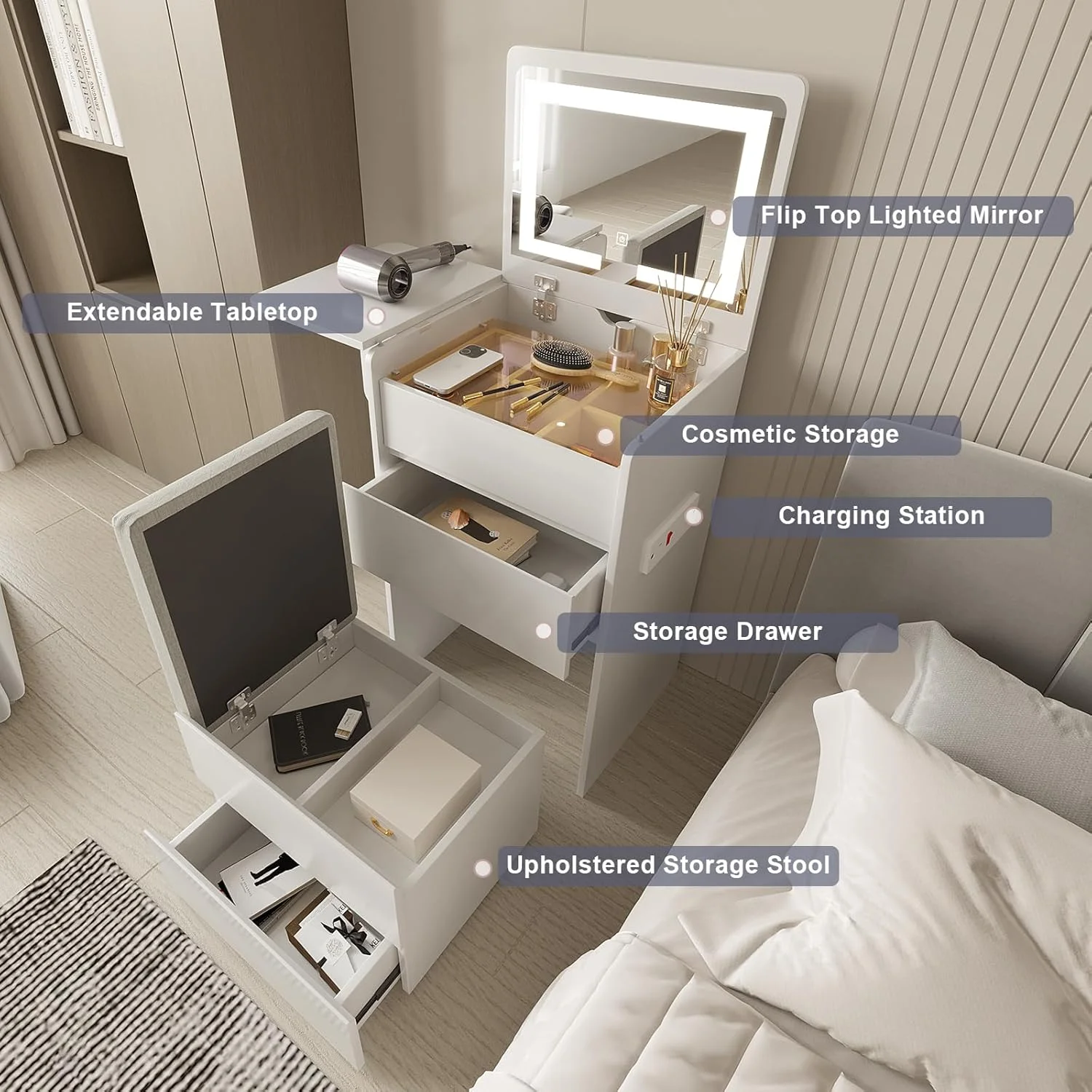 Vanity Desk with Flip Top Lighted Mirror, Compact Makeup Table with Storage Stool, Integrated Vanity with Drawers, 3 - in - 1 Vanity Set, Small Dressing Desk for Bedroom