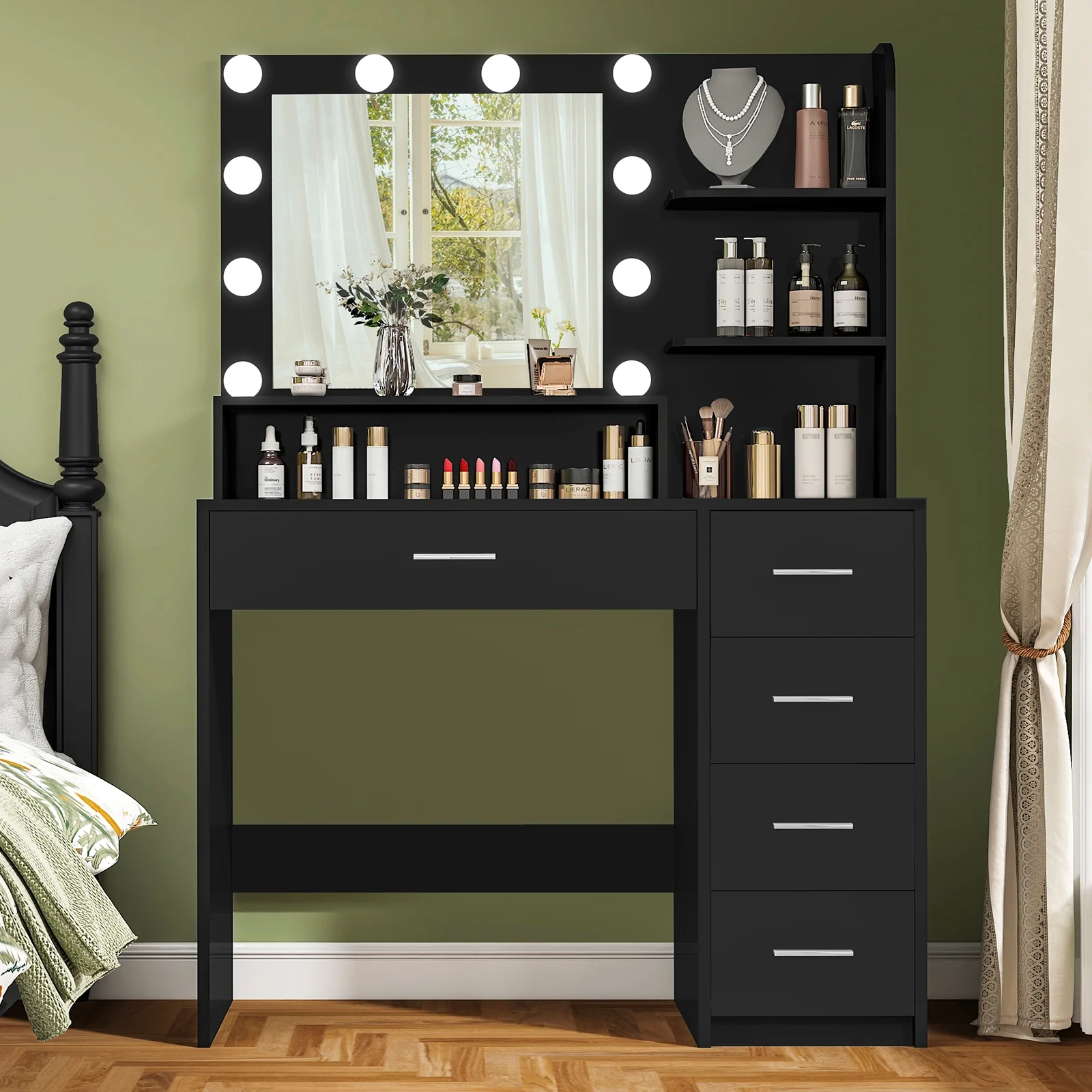 Makeup Vanity Desk with Mirror Lights, Vanity Table with 5 Drawers Storage Shelves, Makeup Vanity , 3 Color Modes Adjustable Brightness Dressing Table, Bedroom, White(White) - Image 10
