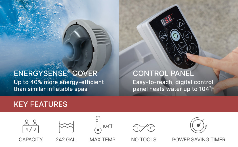 Spa with energy-saving cover and digital control panel, highlighting key features and capacity.
