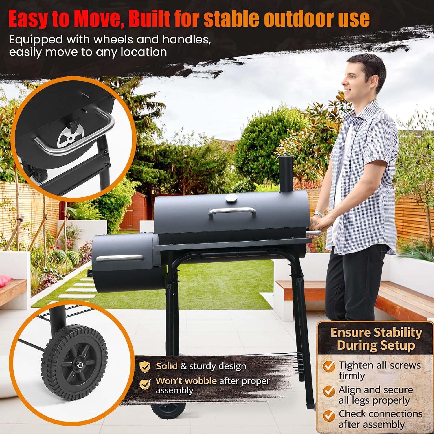 Realcook Charcoal Grills with Offset Smoker: Spacious Barrel Charcoal Grill