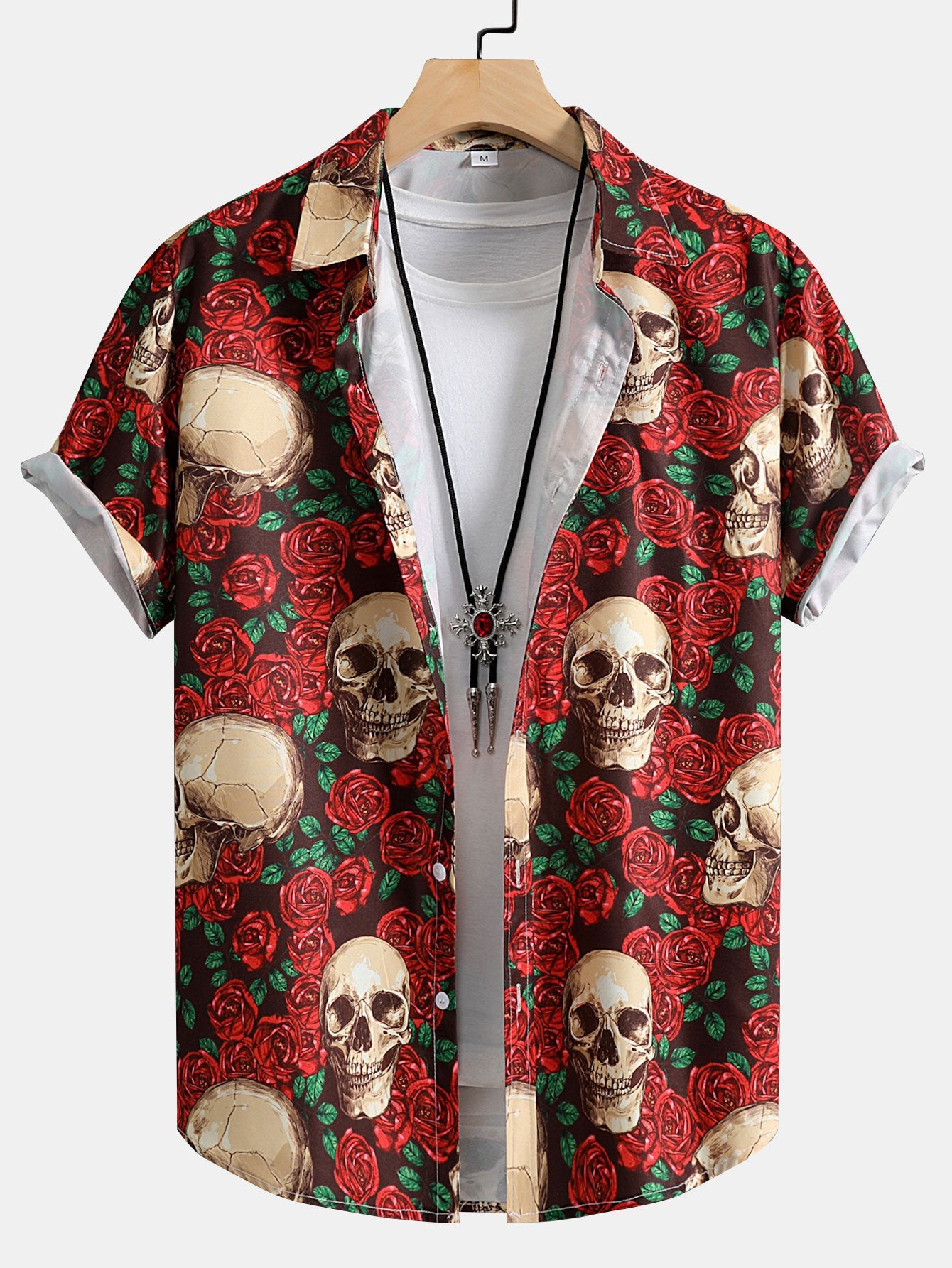 Chemise boutonnée à imprimé tête de mort et rose