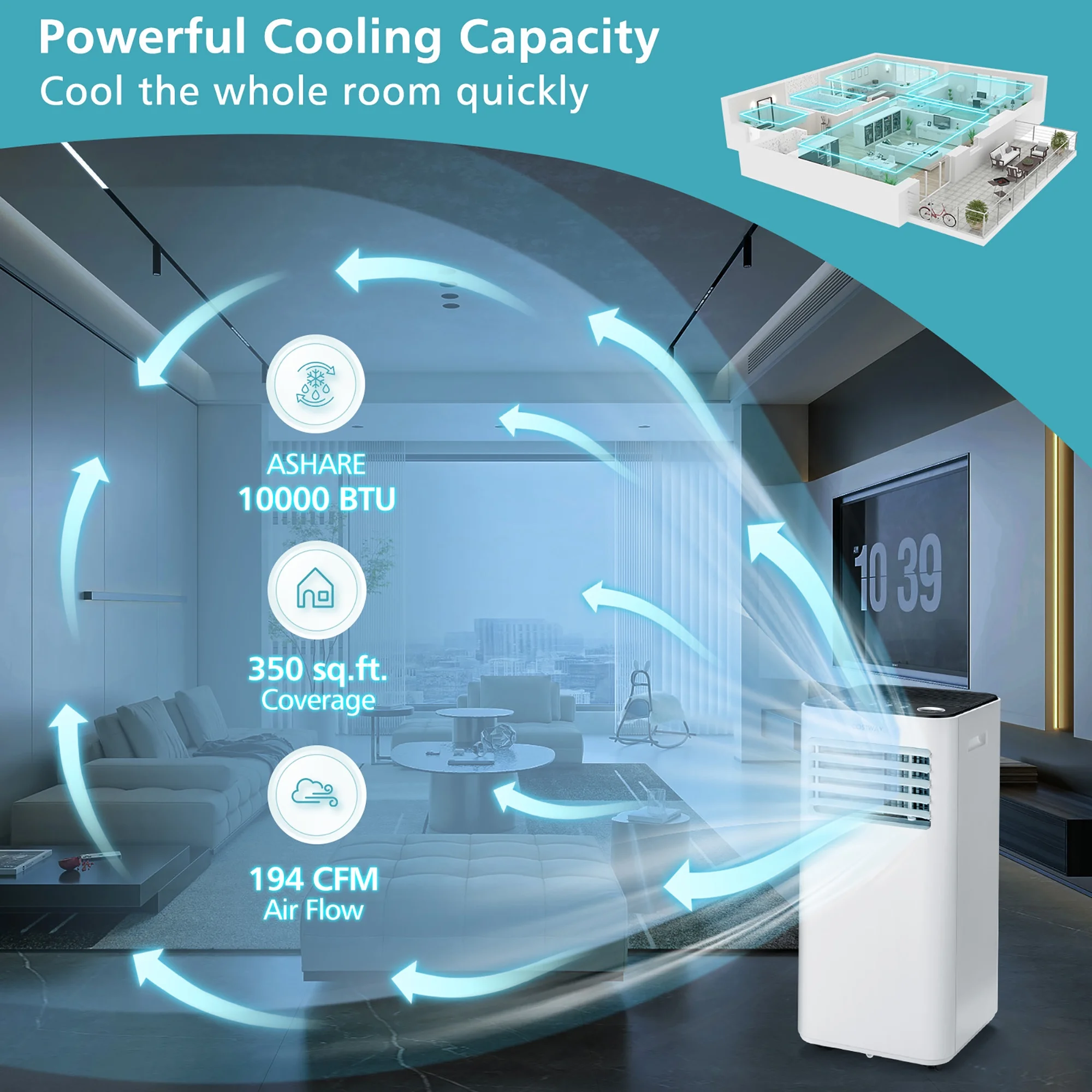 10000 BTU Portable Air Conditioner 3-in-1 Air Cooler with Fan Dehum Sleep Mode - Image 2