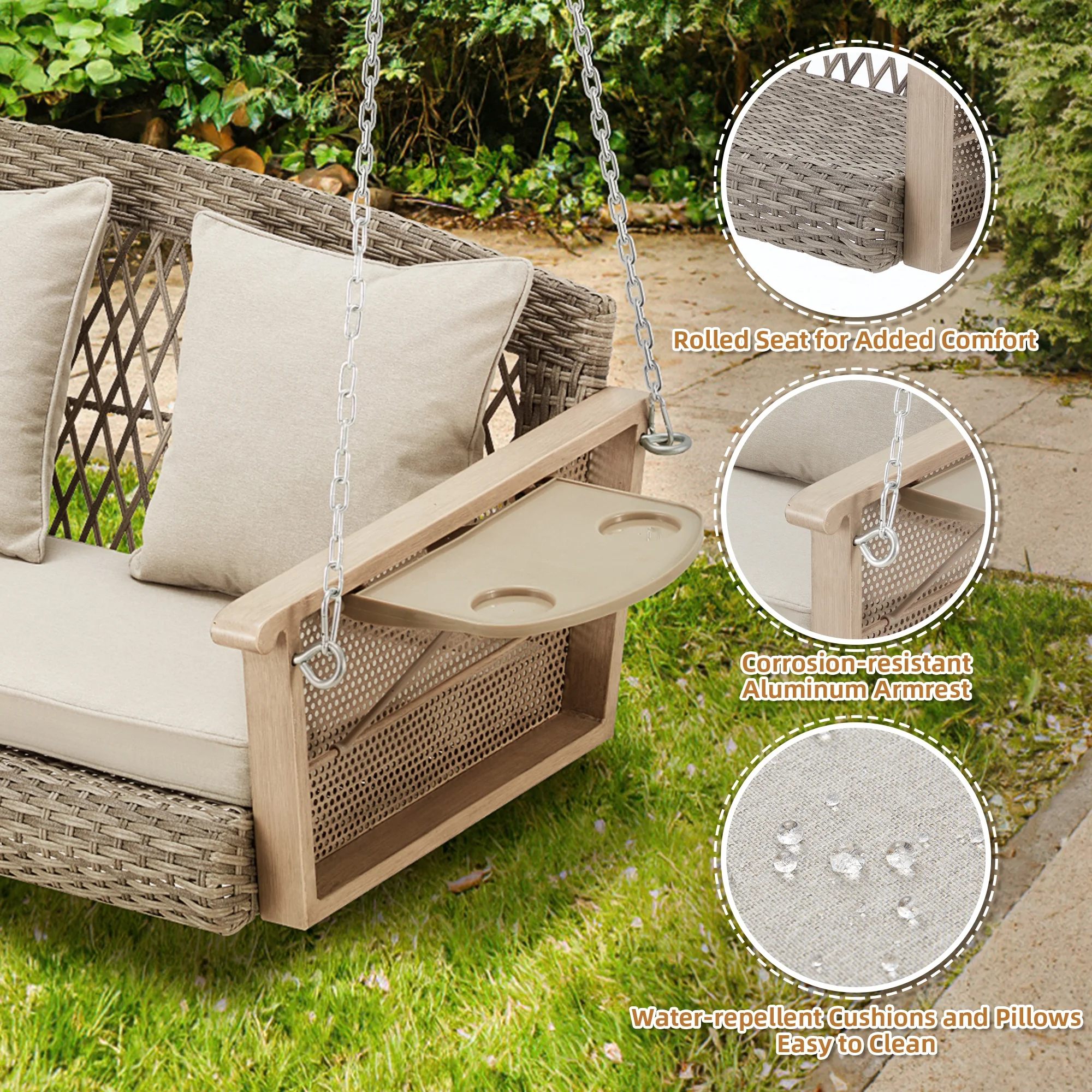 3-Person Porch Swing 55in Wicker Hanging Swing Bench with Cushions and Cupholders for Deck, Garden and Backyard, Beige(Beige) - Image 10