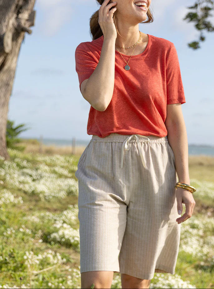 Bermuda femme en coton et lin beige