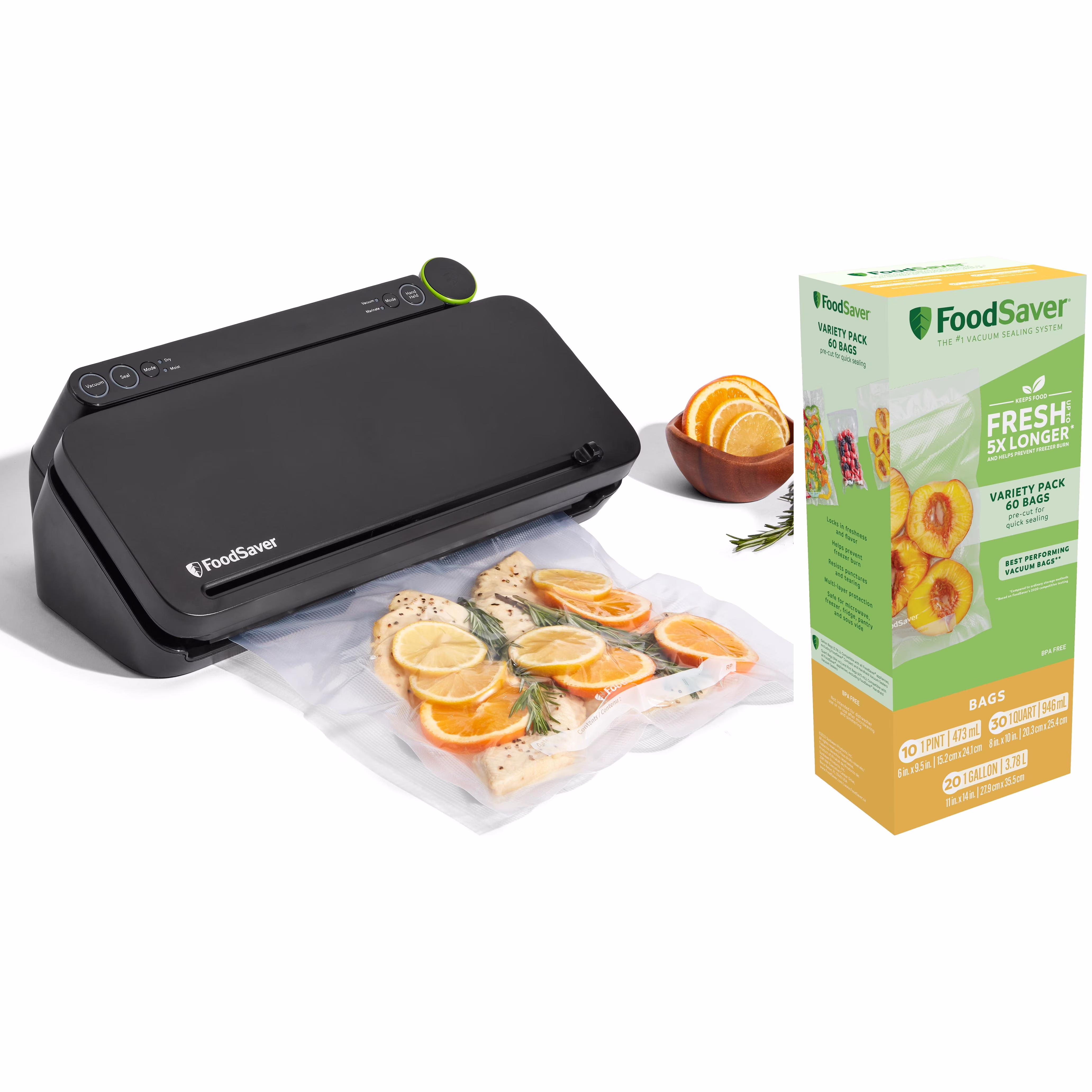 Foodsaver 2 - in - 1 Vacuum Sealer Machine Starter Kit with (60) Pre - Cut Bags, Professional Food Sealer with Built - in Handheld, Heavy Duty Construction, Complete Starter System for Bulk Food Storage & Freezer Meals
